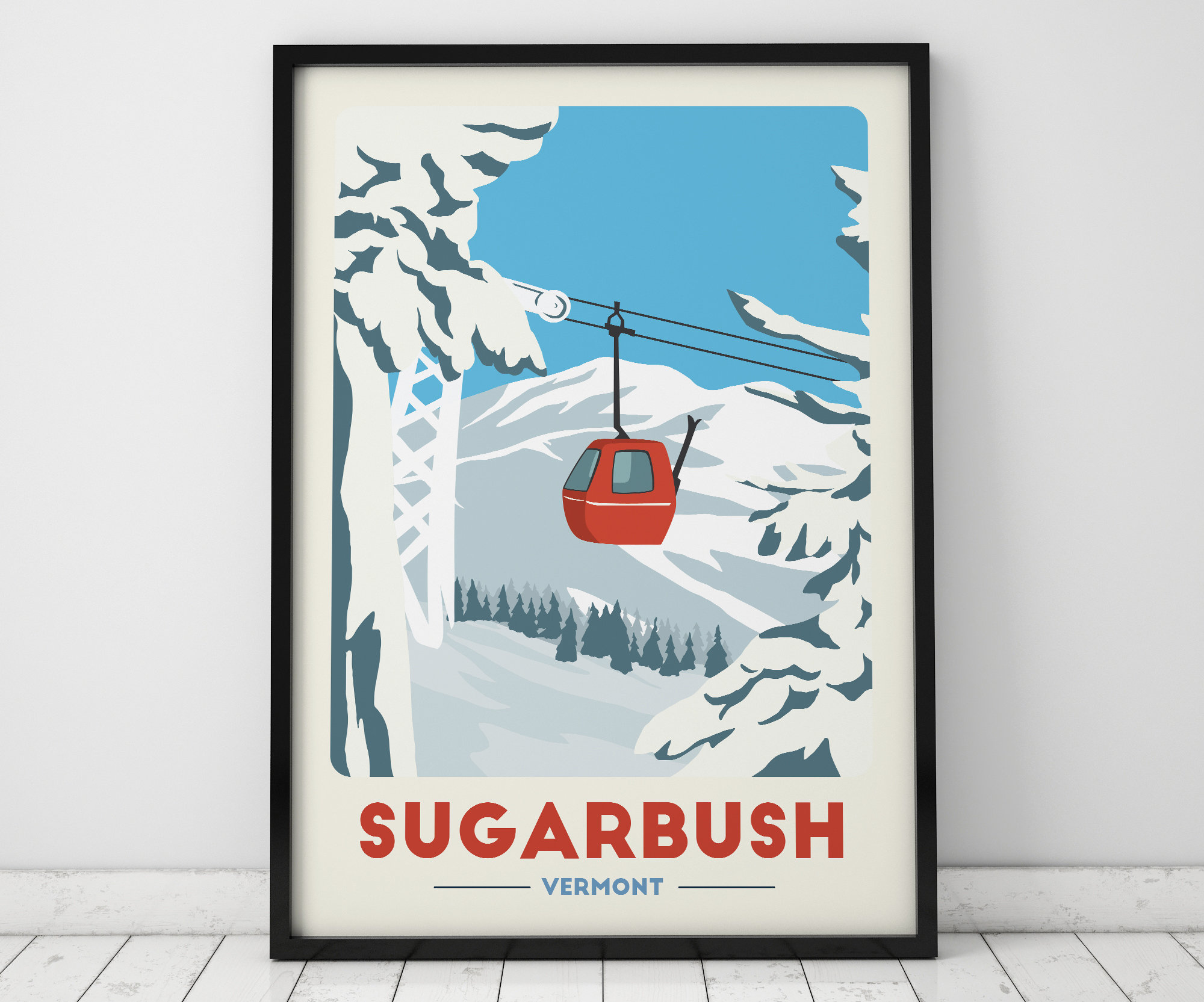 Sugarbush Gondola print, Vintage Travel Poster, Skiing Art