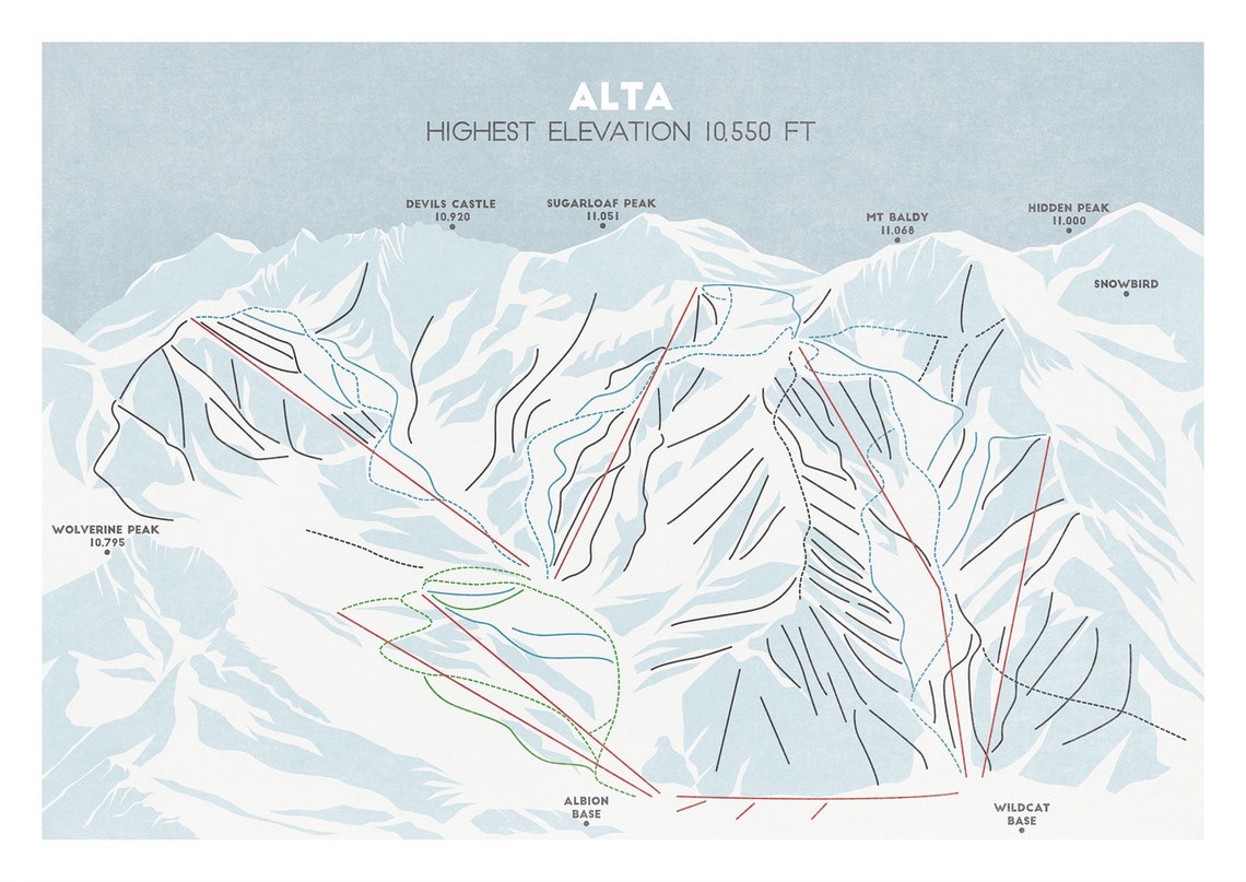 Alta Trail Map Utah Skiing Ski Map Snowboard Art Ski Etsy