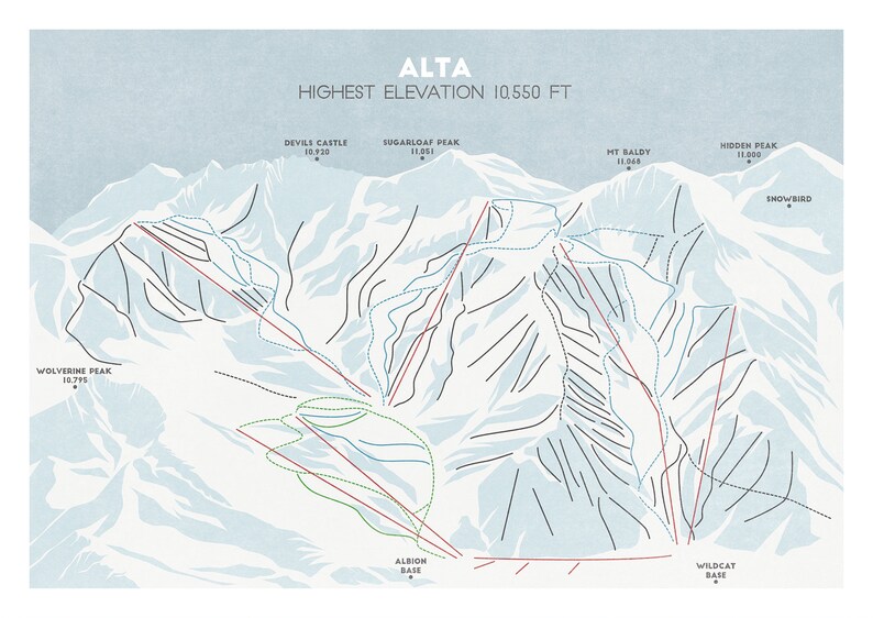 Alta Trail Map Utah Skiing Ski Map Snowboard Art Ski Etsy