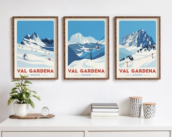 Val Gardena Ski Resort prints, Set of 3 Val Gardena prints, Val Gardena Art, Snowboard Art, Ski Art, Ski Poster, Ski Print