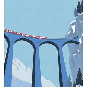 May include: A red train travels across a blue bridge with a snowy mountain in the background. The text "GLACIER EXPRESS - SWITZERLAND ST MORITZ - ZERMATT" is at the top of the image.