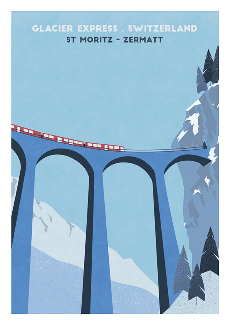 May include: A red train travels across a blue bridge with a snowy mountain in the background. The text "GLACIER EXPRESS - SWITZERLAND ST MORITZ - ZERMATT" is at the top of the image.
