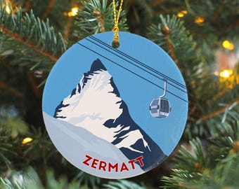 Zermatt Ski resort ornament, Ski Ceramic Christmas Baubles, Christmas Ski Gift