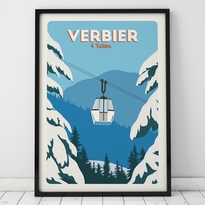 Verbier Ski lift, Ski Resort Poster, 4 Valleys, Vintage Travel Poster, Skiing Art