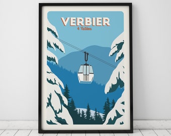 Verbier Ski lift, Ski Resort Poster, 4 Valleys, Vintage Travel Poster, Skiing Art