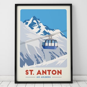 May include: A retro-style travel poster featuring a blue gondola cable car against a snowy mountain backdrop. The text reads "ST. ANTON - AM ARLBERG".