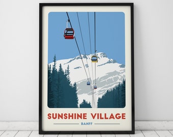 May include: A framed art print featuring a vintage travel poster design. The poster depicts a ski lift ascending towards a snow-covered mountain, with pine trees in the foreground. The text "SUNSHINE VILLAGE BANFF" is displayed in red at the bottom.