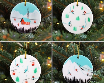 Set of 4 Ski Ceramic Christmas Baubles, Christmas Ski Gift