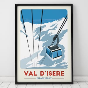 Impresión de góndola Val D'Isere, cartel de viaje vintage, remonte de Val D'Isere, arte de esquí, cartel de la estación de esquí
