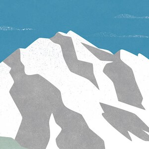 May include: A stylized illustration of a snow-capped mountain with a blue sky and white clouds in the background.