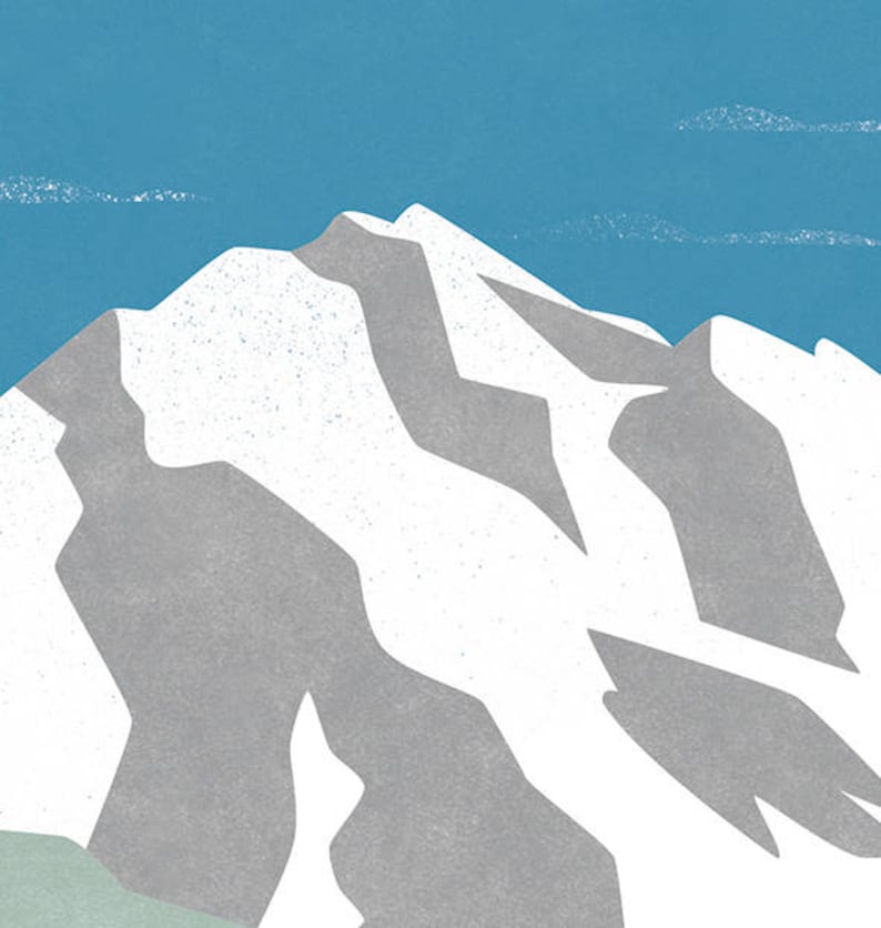 May include: A stylized illustration of a snow-capped mountain with a blue sky and white clouds in the background.
