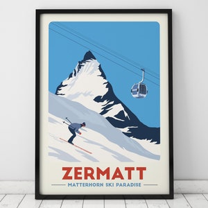Zermatt Ski print, Matterhorn print, Ski Gifts, Gondola print, Vintage Travel Poster, Skiing Art, Ski Resort Print