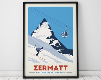 Zermatt Ski print, Matterhorn print, Ski Gifts, Gondola print, Vintage Travel Poster, Skiing Art, Ski Resort Print