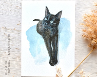 Schwarze Katze auf Blau, Aquarell Giclée Kunstdruck, lichtecht, in 3 Größen