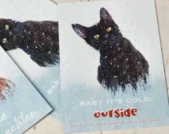 Christmas Postcard Cat, "Baby Its Cold Outside" Christmas, Greeting Card, Set of 4 Cards, 100% Recycled Paper, Blue Angel Ecolabel