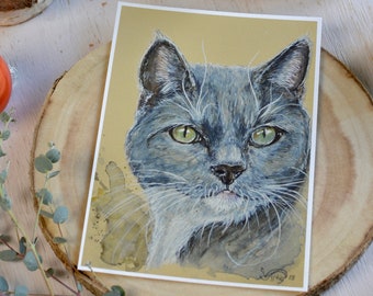 Katzen Portrait, Kartäuser Katze, Kunstdruck, Din A5, lichtecht auf Aquarellpapier gedruckt