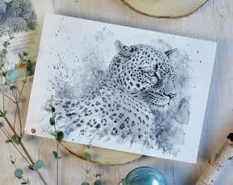 Leopard Schwarzweiß Kunstdruck, Aquarell, signiert, nummeriert,  limitiert, lichtecht auf Aquarellpapier, Din A3, Din A2, Din A4