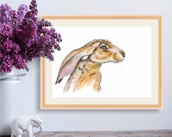 Hare watercolor portrait, field hare art print painted, wild hare poster, wall decoration, Din A4, Din A3 wild rabbit, mural, Easter gift