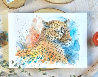 Leopard Kunstdruck, Aquarell, signiert, nummeriert,  limitiert, lichtecht auf Aquarellpapier, Din A3, Din A2, Din A4