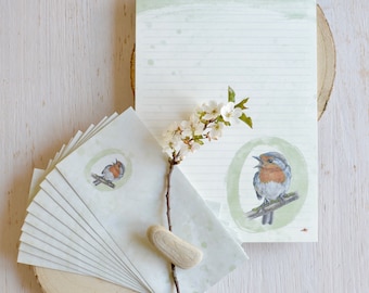 Briefpapier Rotkehlchen Set,  Briefblock DinA4, 25 Blatt und 10 Briefumschläge, Aquarell Vogel des Jahres