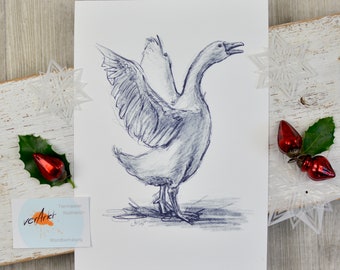 Goose - Farm Animal - Drawing - black and white - Art print various sizes - Gift idea