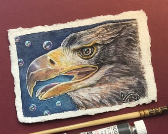 Eagle watercolor on handmade handmade paper / original art / gift idea / animal portrait