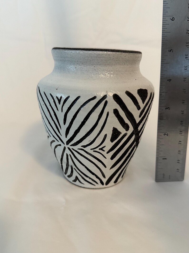 Sgraffito Small Pattern Vase - Black and White Carved Ceramic Vase | Small Sgraffito Bud Vase ...