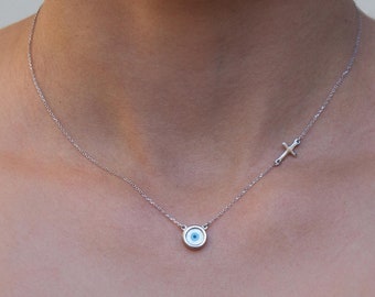 Greek evil eye cross, Sterling silver Evil eye cross Necklace