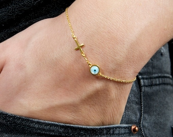 Greek evil eye cross bracelet, Cross Vermeil  protection  bracelet