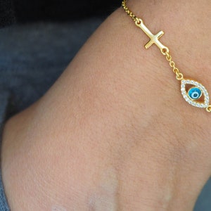 Gold Greek Evil eye cross bracelet, Sterling silver Evil eye cross,   Protection Cross evil eye bracelet,