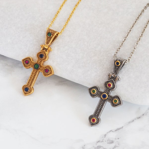 Silver  Orthodox Byzantine cros with Ruby Emerald Sapphire, Gold Ancient Greek cross talisman made of 925 silver, Gold plated  greek pendant