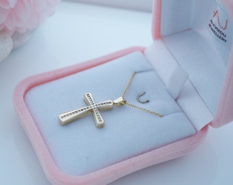 14K Solid Gold Cross Necklace, Baptism Gift Girl Cross, 14K Gold Christian Cross, Godparents Gift