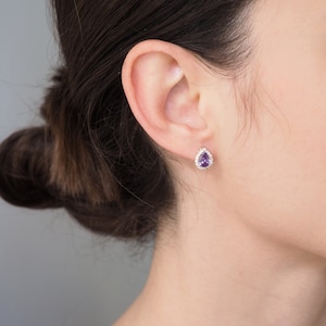 Amethyst drop halo Stud Earrings, 14k solid gold halo studs, Vintage Amethyst  Earrings  for Women