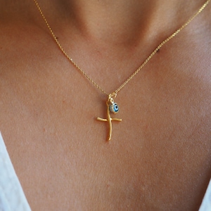 Griekse kruisketting boze oog, gouden sterlingzilveren kruis met boze oog, klein kruis met boze oog