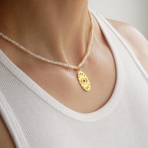 Gold evil eye pendant with freshwater pearls, Gold medallion greek necklace, Protection jewelry