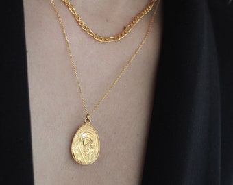 Gold pendant for catholic and orthodox, Gold Virgin Mary necklace, Gold medallion greek  necklace, Religious jewelry,