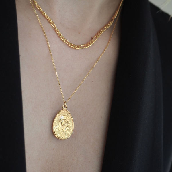 Gold pendant for catholic and orthodox, Gold Virgin Mary necklace, Gold medallion greek  necklace, Religious jewelry,