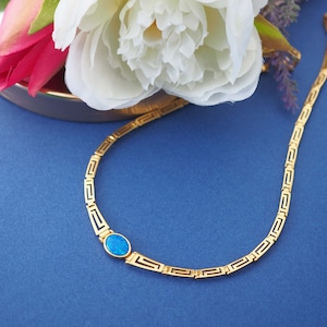 Gold  Greek key necklace, Sterling silver 925 Meander necklace, Ancient greek jewelry, Meandros gold opal jewelry, Eternity Key