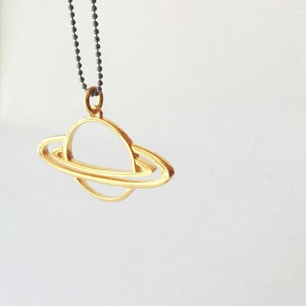Long Planet Pendant  necklace,  Open  gold Saturn Minimalist jewelry