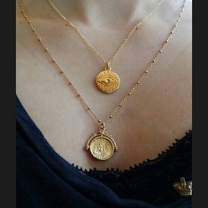 Evil eye  gold coin  necklace, Evil eye minimalist  Necklace, Gold Coin Bohemian Necklace,  Round charm,  Layering necklace