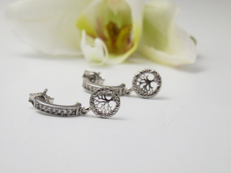 Mother of the bride Great grandma gift Tree of life silver Hoop Earrings Sterling Silver Tree of life dangle earrings