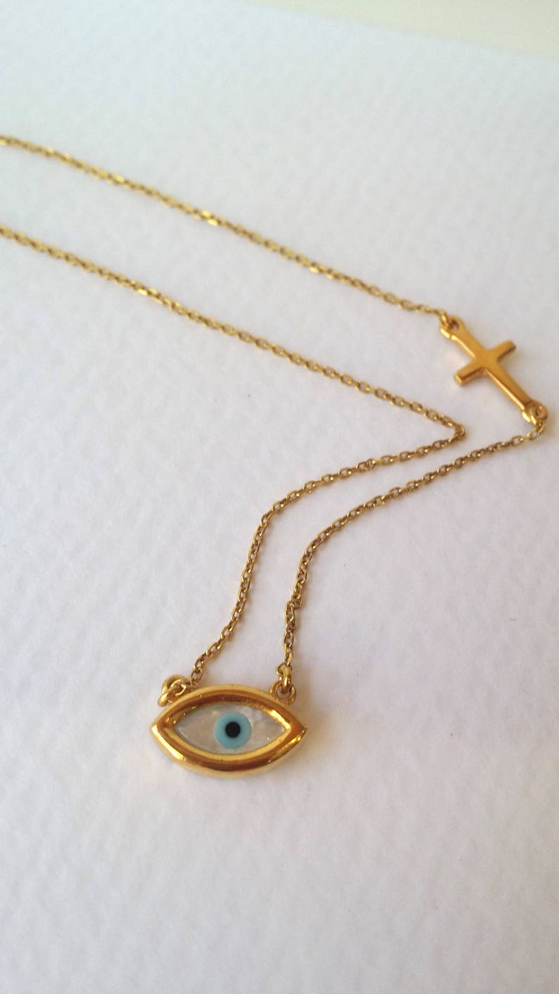 Evil Eye Cross Necklace Greek Sterling Silver Protection Etsy