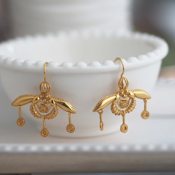 Minoan Honey Bee Earrings ,Greek ancient gold earrings, Cretan Bee earrings, Sterling silver bee jewelry