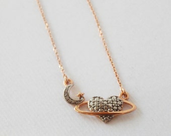 Valentinstag Geschenk, I love you to the moon and back, Freundin Schmuck, Sterling Silber 925 mond und herz schmuck,