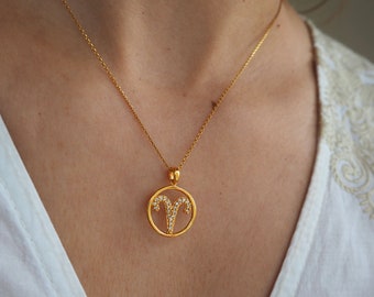 Aries gold necklace, Gold Zodiac Necklace with CZ, Celestian necklace, Constellation jewelry, Birth Signs necklace, Horoscope, Astrology,