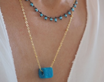 Turquoise square glass bead necklace for woman, Cube Turquoise jewelry, Sterling silver turquoise necklace,  Summer jewellry
