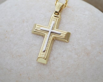 14K Solid Gold Cross Necklace, Baptism Gift boy Cross, 14K Gold Christian Cross, Godparents Gift