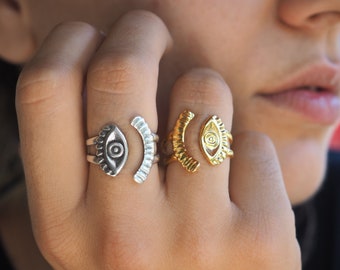 Greek evil eye ring, Gold evil eye Adjustable  Ring,  Bohemian Silver evil eye ring, Fashion evil eye Ring, set of rings