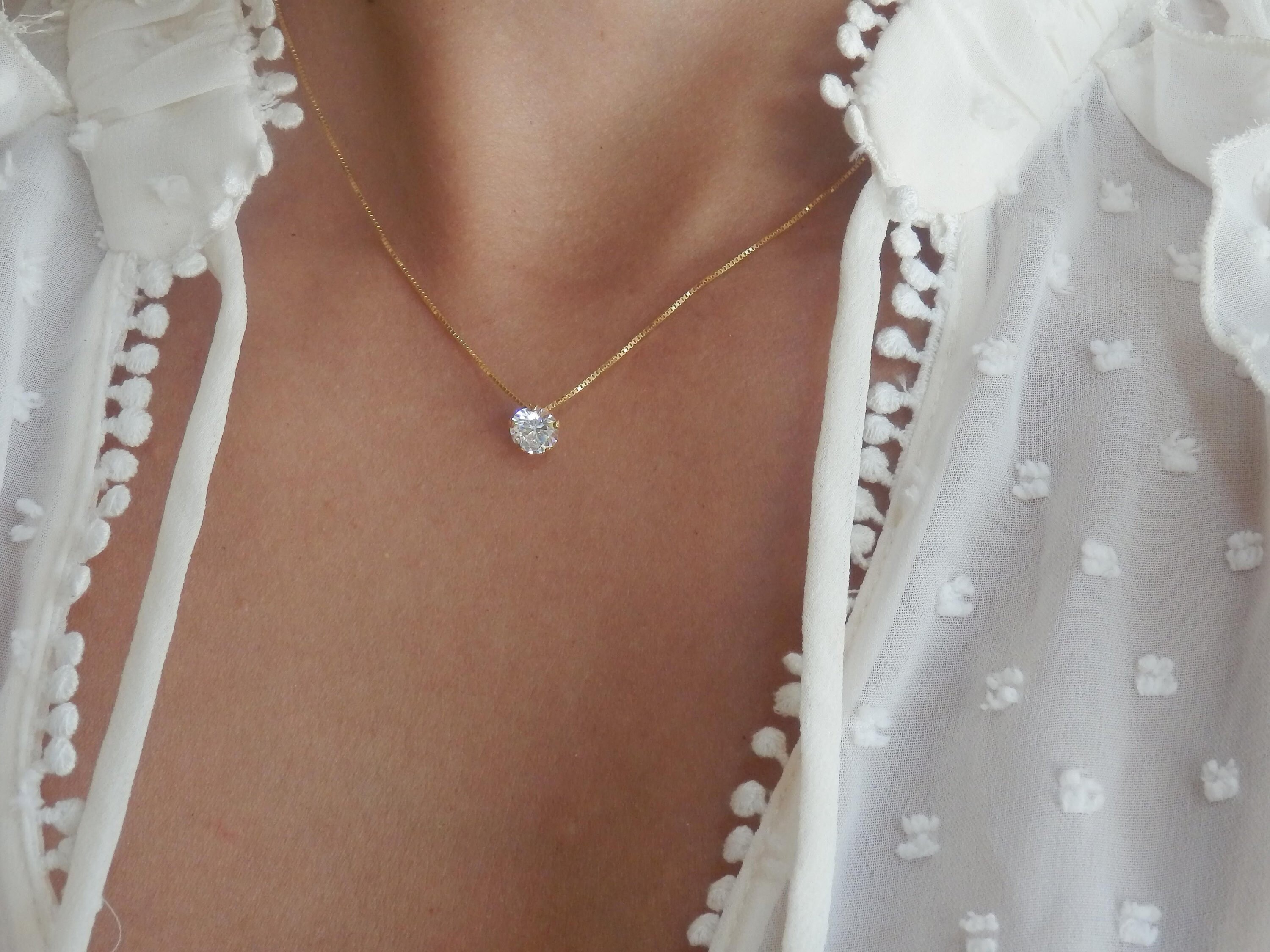 Solitaire Delicate CZ necklace, Classic  tiny diamond pendant,  Gold cz Delicate necklace