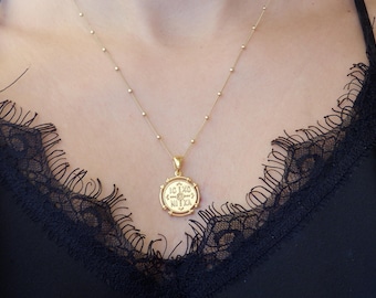 Constantine talisman made of 925 silver, Gold medallion greek pendant, Gold Orthodox coin Byzantine necklace